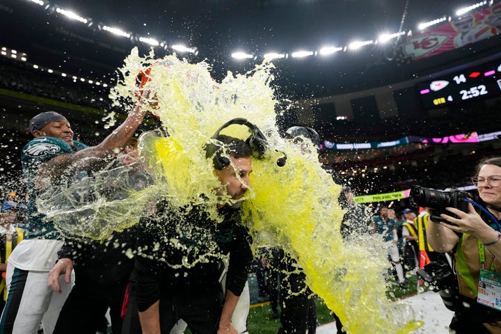 Philadelphia Eagles head coach Nick Sirianni is dunked by teammates during the second half the Super Bowl.