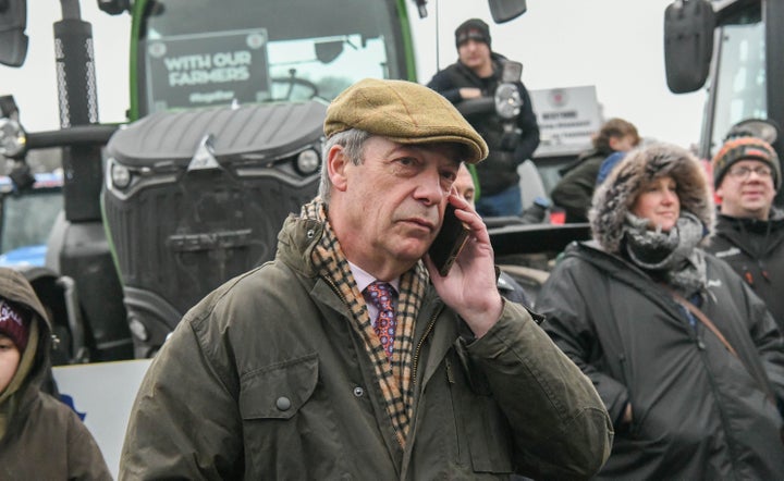 Reform UK leader Nigel Farage attends a farmers demonstration against proposed changes to inheritance tax rules for inherited farming assets on February 10, 2025 in Mill Hill, England. 