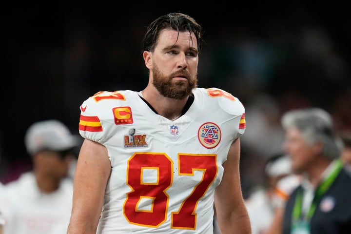 Travis Kelce pictured during Sunday night's Super Bowl