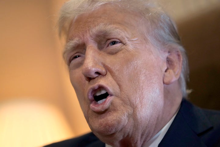 President Donald Trump speaks to reporters aboard Air Force One, where he signed a proclamation declaring Feb. 9 Gulf of America Day as he travels from West Palm Beach, Florida, to New Orleans on Sunday, Feb. 9, 2025.