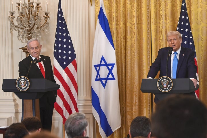 U.S. President Donald Trump (right) and Israeli Prime Minister Benjamin Netanyahu hold a joint press conference at the White House in Washington, D.C., on Feb. 4.