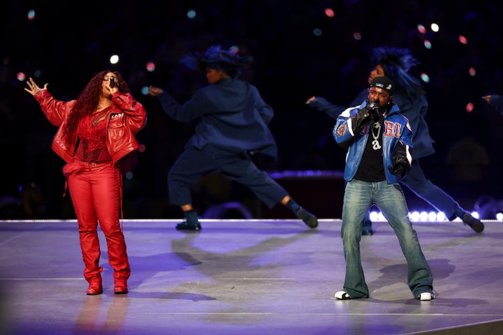 Kendrick Lamar performs "Luther" and "All the Stars" with SZA in the Apple Music Super Bowl LIX Halftime Show at Caesars Superdome.