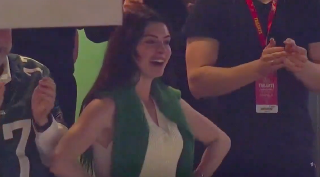 Anne Hathaway at the Super Bowl over the weekend
