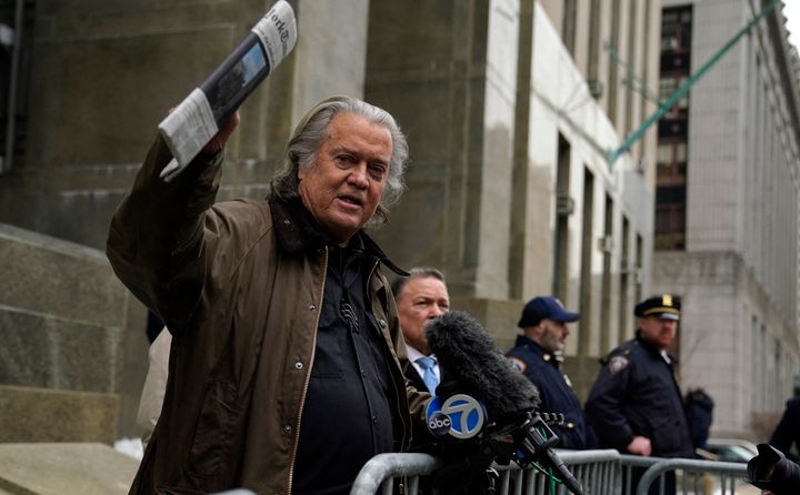 Steve Bannon, a former advisor to President Donald Trump, speaks to the media on Tuesday after he entered a guilty plea in his fraud case stemming from a fundraising effort to build a border wall.