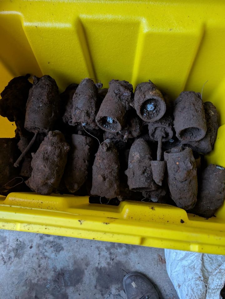 Some of the unexploded ordnance recovered from a playground in Wooler is seen in this photo provided by the Wooler Parish Council.