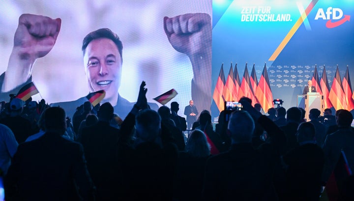 Elon Musk talks to Alice Weidel, Federal Chairwoman of the AfD, at the AfD's election campaign launch via a video overlay . On February 23, 2025, around 59 million German citizens will be called upon to elect a new Bundestag. Photo: Hendrik Schmidt/dpa (Photo by Hendrik Schmidt/picture alliance via Getty Images)