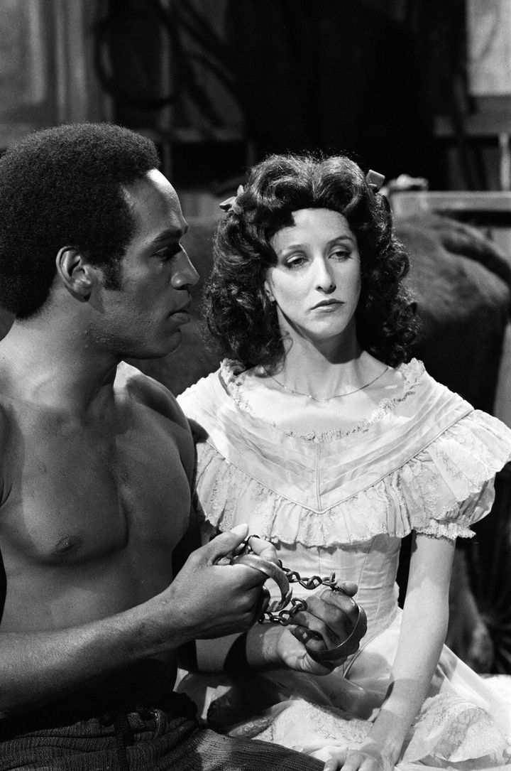 O.J. Simpson and Laraine Newman in a "Mandingo" parody that aired Feb. 25, 1978, on "Saturday Night Live." Newman recently revealed that the late athlete was a "good kisser." 