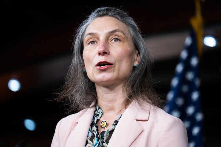 Rep. Maxine Dexter (D-Ore.) speaks during a news conference with the Congressional Progressive Caucus to oppose Elon Musk gaining access to the Treasury Department's federal payment system, on Feb. 6.