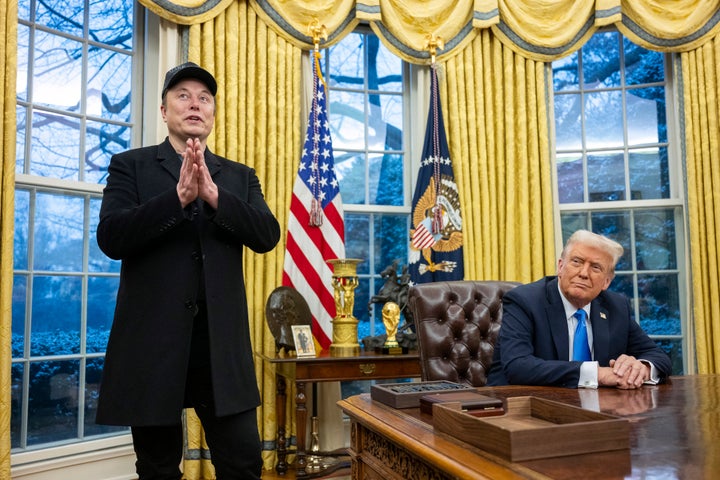 Elon Musk and President Donald Trump photographed together in the Oval Office of the White House on Feb. 11, 2025.