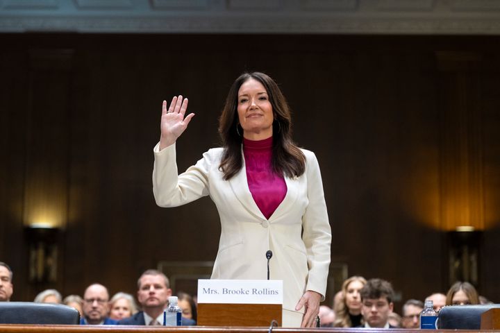 Brooke Rollins is sworn-in for a Senate Agriculture, Nutrition, and Forestry Committee hearing on her nomination for Secretary of Agriculture, Thursday, Jan. 23, 2025, in Washington.