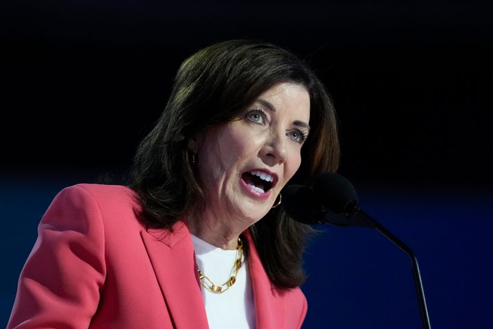 New York Gov. Kathy Hochul speaks during the Democratic National Convention in Chicago, Aug. 19, 2024. 