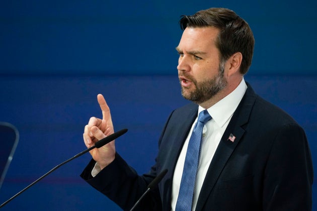 United States Vice-President JD Vance addresses the audience during the Munich Security Conference at the Bayerischer Hof Hotel in Munich, Germany, Friday, Feb. 14, 2025.