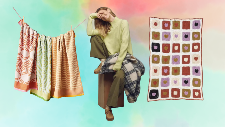 A sweet set of dish towels, a cozy sweater and a crocheted blanket.