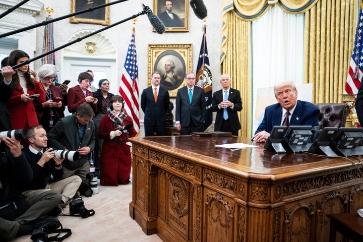 Reporters in the Oval Office on Feb. 13.