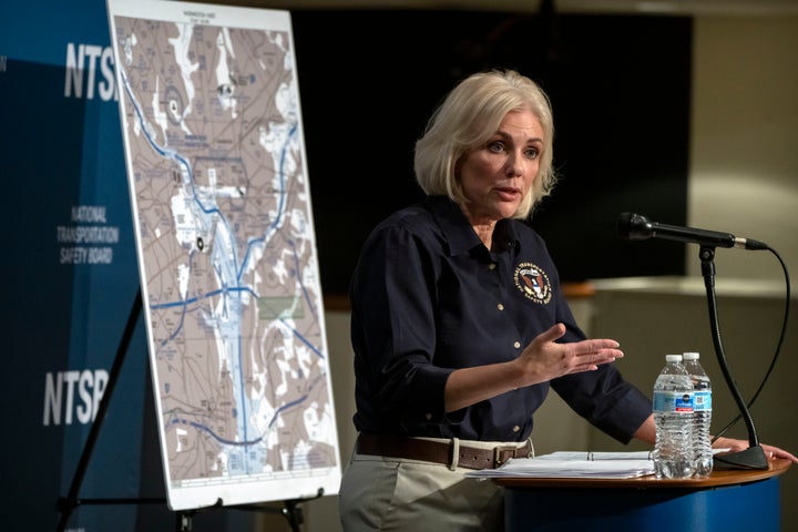 National Transportation Safety Board Chair Jennifer Homendy speaks during a news conference at NTSB headquarters on Friday in Washington.