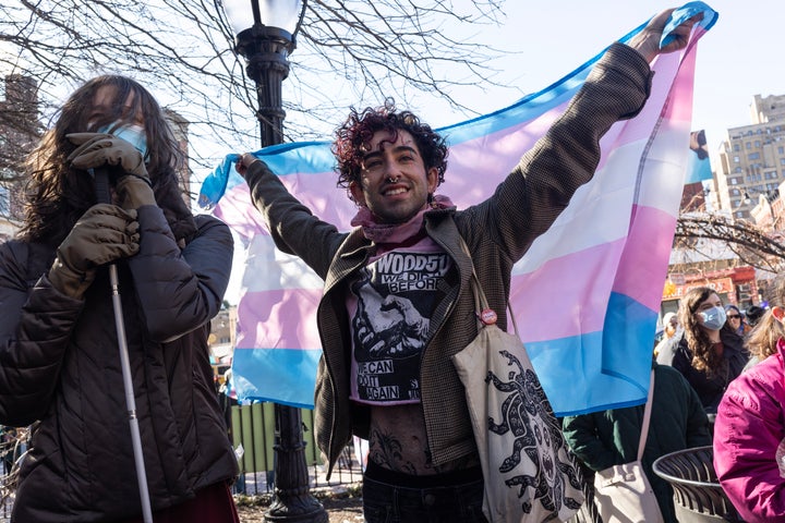  Members of the LBGTQ+ community and allies protest the removal of the word transgender from the Stonewall National Monument website during a rally outside of historic The Stonewall Inn on February 14, 2025 in New York City. 