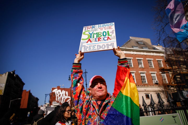 People protest outside the Stonewall Inn in New York, the scene of riots against police raids on the gay bar in 1969, on February 14, 2025.