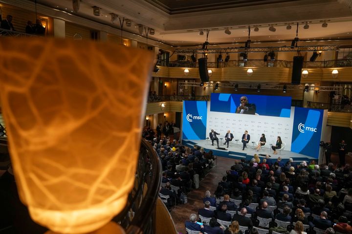 Britain's Foreign Secretary David Lammy, left, speaks during a panel discussion for the Munich Security Conference at the Bayerischer Hof Hotel in Munich, Germany, Saturday, Feb. 15, 2025. (AP Photo/Matthias Schrader)