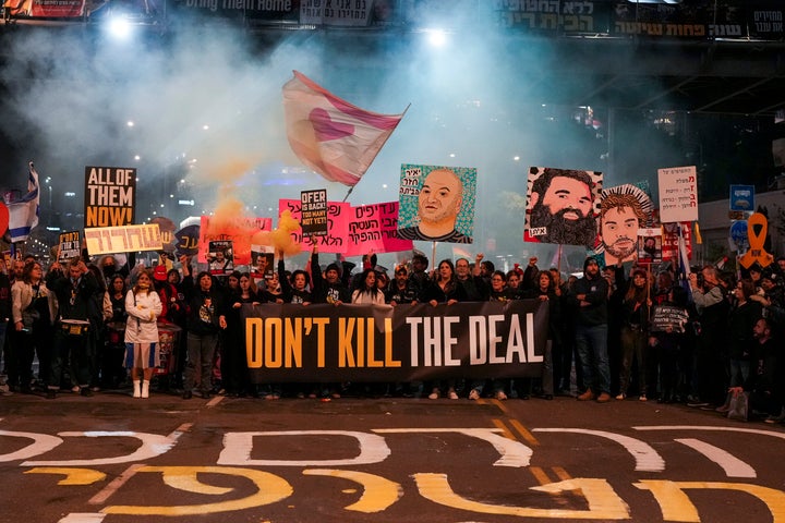 Protesters demand that Israel and Hamas maintain their ceasefire agreement so that the remaining hostages in Gaza are released, in Tel Aviv, on Saturday, Feb. 15, 2025.