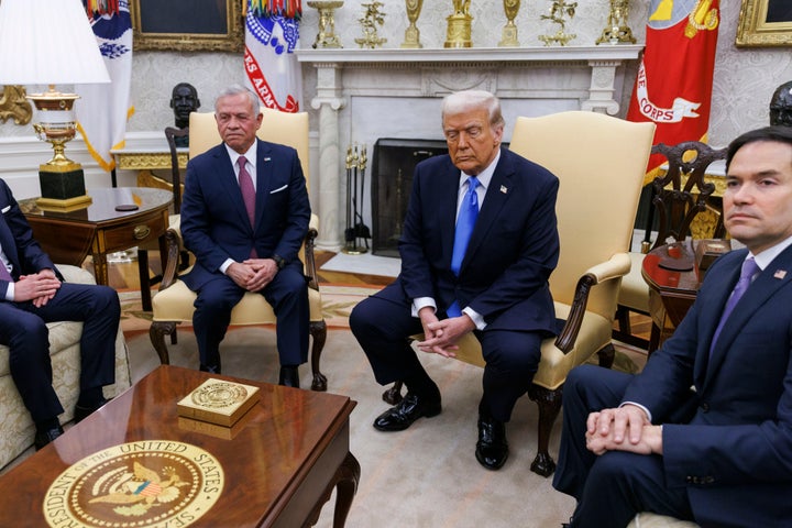 King Abdullah II of Jordan (L), U.S. President Donald Trump and U.S. Secretary of State Marco Rubio, meet in the Oval Office of the White House in Washington, D.C., on Tuesday, Feb. 11, 2025. Trump wielded threats to cut off aid in a bid to get Egypt and Jordan to accept forcibly expelled Palestinians.