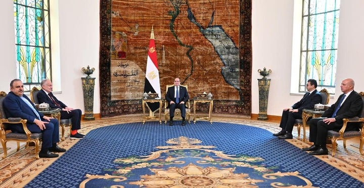 Egyptian President Abdel Fattah el-Sisi (C) receives World Jewish Congress President Ronald Lauder (2nd L) and Egyptian intelligence chief Hassan Rashad (2nd R) in Cairo, Egypt, on Feb. 16, 2025.