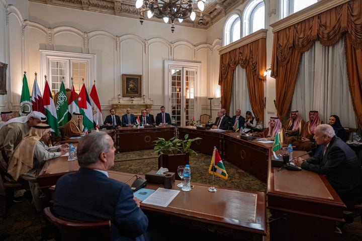 Egyptian Foreign Minister Badr Abdelatty (C) heads a meeting with ministers from Jordan, Saudi Arabia, Qatar and the United Arab Emirates, to discuss U.S. President Donald Trump's proposal for Egypt and Jordan to receive forcibly expelled Palestinians from the Gaza Strip, in Cairo on Feb. 1, 2025.