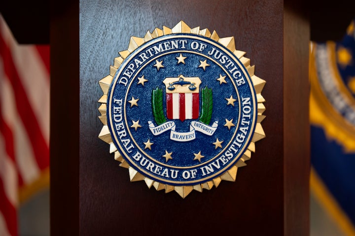 An FBI seal is displayed on a podium before a news conference at the field office in Portland, Oregon, on Jan. 16, 2025.