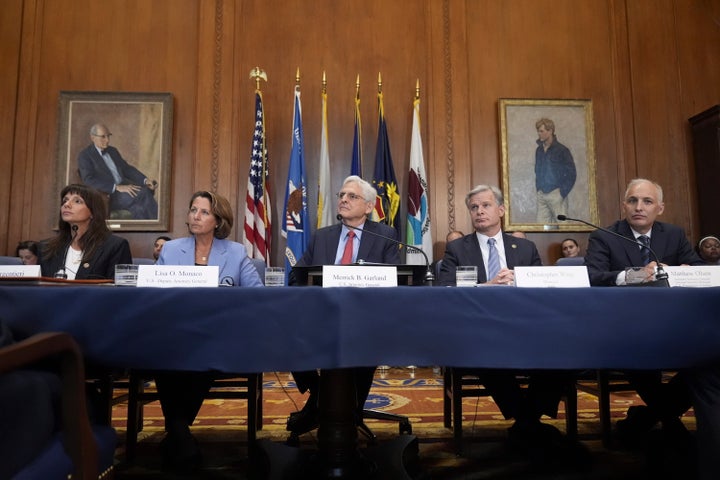 Former Attorney General Merrick Garland (C) speaks before a meeting of the Justice Department's Election Threats Task Force, on Wednesday, Sept. 4, 2024, in Washington. From the left: Deputy Attorney General for the Criminal Division Nicole Argentieri, Deputy Attorney General Lisa Monaco, Garland, FBI Director Christopher Wray and Assistant Attorney General for the National Security Division, Matthew Olsen.