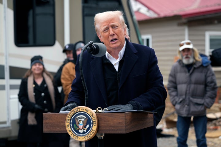 President Donald Trump speaks at a meeting with homeowners affected by Hurricane Helene in Swannanoa, North Carolina, on Friday, Jan. 24, 2025.