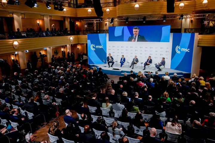 Andrej Plenkovic, Prime Minister, Republic of Croatia, Kristrún Mjöll Frostadóttir, Prime Minister of Iceland, Alexander Stubb, President of Finland and Edgars Rinkevics, President of Latvia, from left, speak as part of a panel discussion during the Munich Security Conference at the Bayerischer Hof Hotel in Munich, Germany, Sunday, Feb. 16, 2025. (AP Photo/Matthias Schrader)