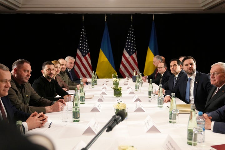 Europe Tries To Muscle Up As U.S. Plots Mediation To Assist Finish Russia's Struggle In Ukraine 1 FILE - United States Vice-President JD Vance, second right, and United States Secretary of State Marco Rubio, third right, meet with Ukraine's President Volodymyr Zelenskyy, third left, during a bilateral meeting on the sidelines of the Munich Security Conference in Munich, Germany, Friday, Feb. 14, 2025. (AP Photo/Matthias Schrader, File)