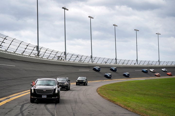 Trump said the "spirit" of NASCAR "will fuel America’s Golden Age" during his appearance at Sunday's race. Here, his motorcade is seen driving along a portion of the track.