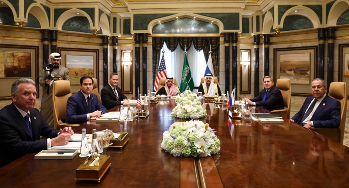 U.S. Secretary of State Marco Rubio, second left, meets with Saudi Foreign Minister Prince Faisal bin Farhan Al Saud, Saudi National Security Advisor Mosaad bin Mohammad Al-Aiban, U.S. National Security Advisor Mike Waltz, third left, U.S. Middle East envoy Steve Witkoff, left, Russian Foreign Minister Sergei Lavrov, right, and Russian President Vladimir Putin's foreign policy advisor Yuri Ushakov, second right, at Diriyah Palace, in Riyadh, Saudi Arabia, on Feb. 18, 2025.