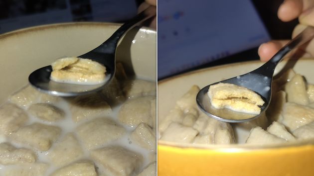 The cross-section of an Oatie cereal that had soaked for 30 minutes in milk reveals that while its outer layer is soft, the inside is hard and crunchy