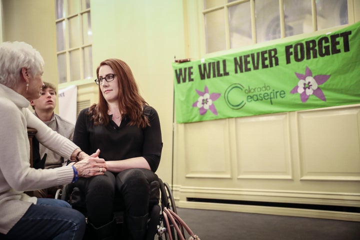 Columbine school shooting survivor Anne Marie Hochhalter (right) talks with Sue Townsend, the mother of shooting victim Lauren Townsend, during a 25th Year Remembrance ceremony on April 19, 2024 at First Baptist Church of Denver in Denver, Colorado. 