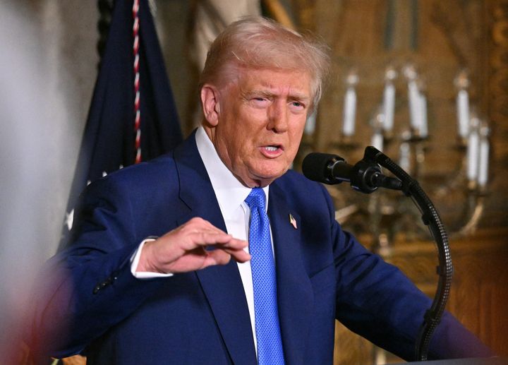 President Donald Trump speaks during signing of executive orders at his Mar-a-Lago resort in Palm Beach, Florida, on Feb. 18, 2025.