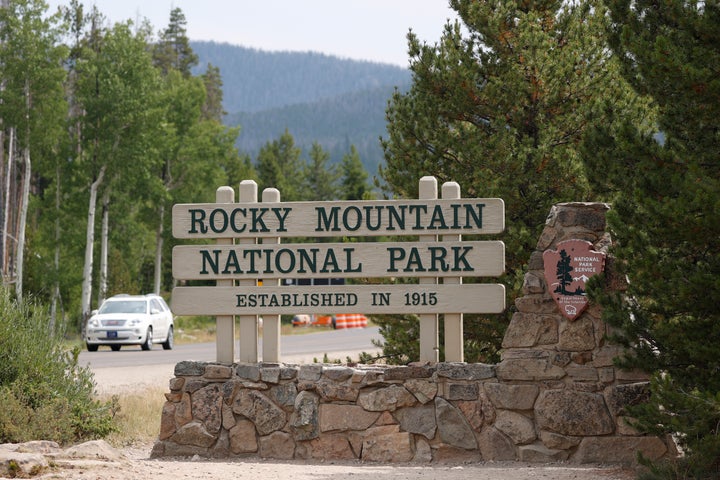 A sign stands near the west gate of Rocky Mountain National Park in Grand Lake, Colorado, in 2020.