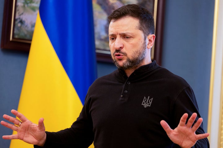 Ukraine's President Volodymyr Zelensky gives a press conference in Kyiv, on Feb. 19, 2025.