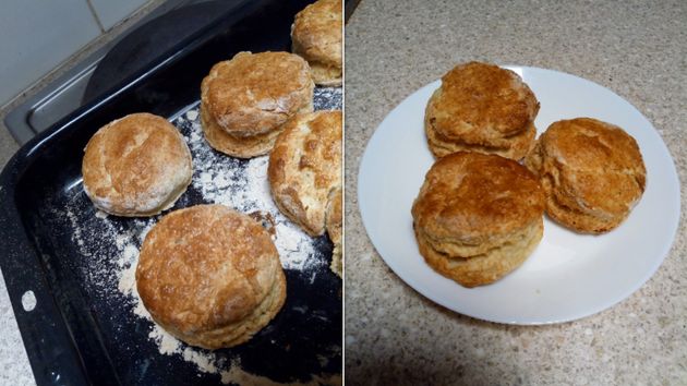 The writer's scones in a baking tray on the left; on a plate on the right