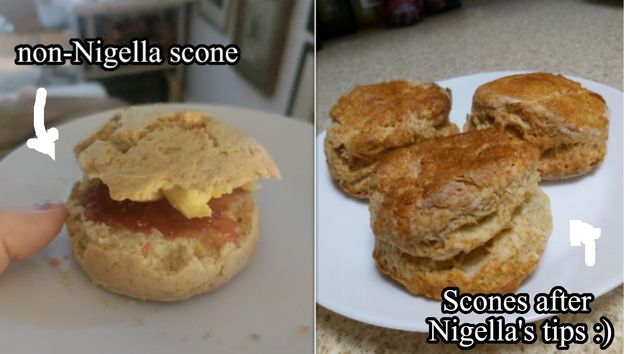 A pitiful rubbery puck of a scone from the writer before Nigella's advice on the left: layered, golden, taller scones on thr right following the chef's tips