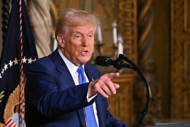 President Donald Trump speaks at Mar-a-Lago in Palm Beach, Fla., Tuesday, Feb. 18, 2025. (Pool via AP)