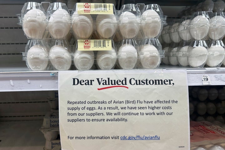 Eggs are for sale at a grocery store in Lyndhurst, New Jersey, on Tuesday, Feb. 4, 2025, as bird flu is forcing farmers to slaughter millions of chickens a month.