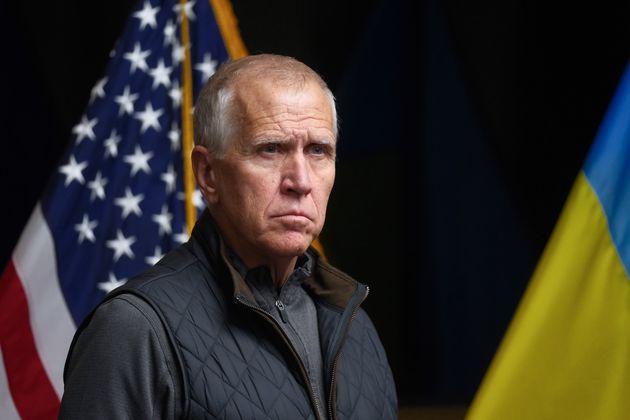 US Sen Thom Tillis (R-NC) during a press conference on February 17, 2025 in Kyiv, Ukraine. 