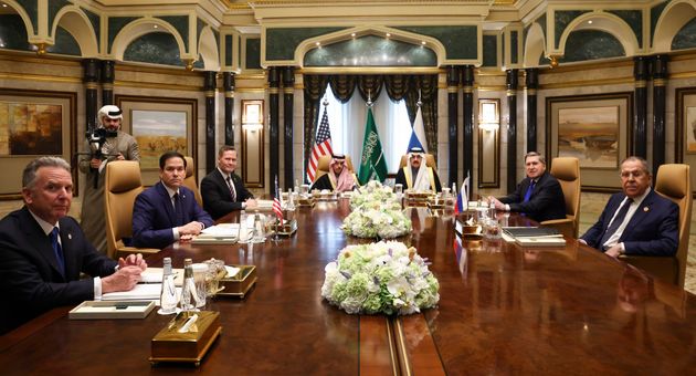 U.S., Saudi, and Russian officials meet at Diriyah Palace in Riyadh, Saudi Arabia, on Feb. 18, 2025. 