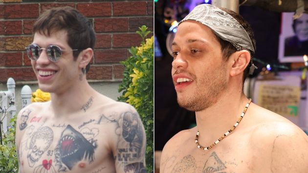 Pete Davidson on the set of The King Of Staten Island in 2019, and on SNL in 2025.