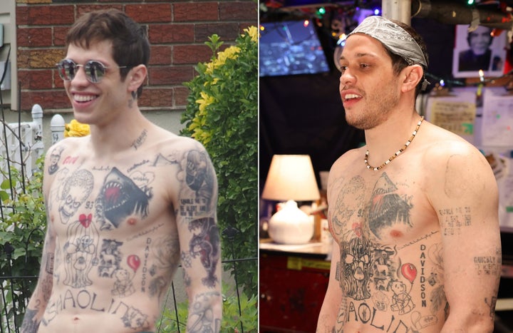 Davidson on the set of “The King of Staten Island” in 2019, and on “SNL” in 2025.