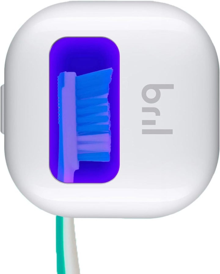 The Bril UV holder doubles as a brush head cover and a sanitizer in one! 