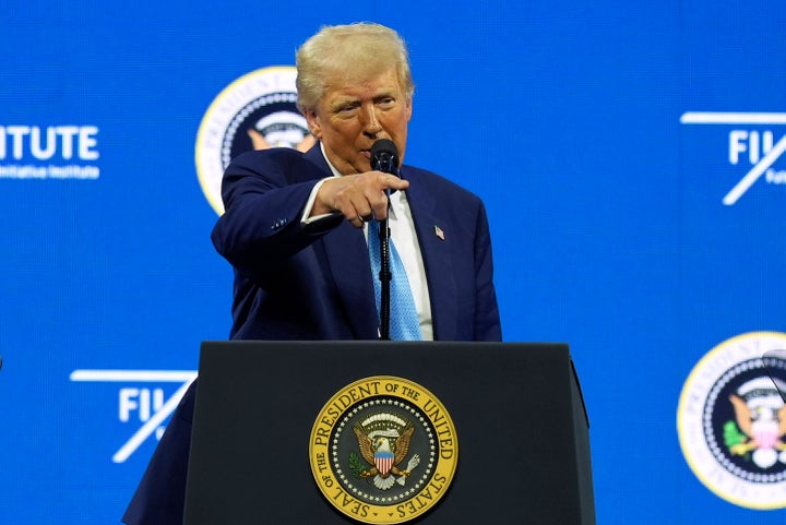 President Donald Trump speaks at the Future Investment Initiative (FII) Institute summit in Miami Beach, Fla., Wednesday, Feb. 19, 2025. (AP Photo/Rebecca Blackwell)