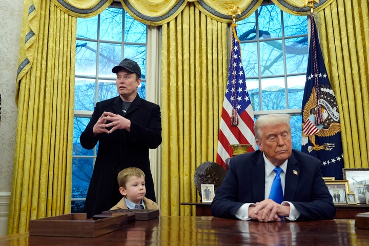 Trump listens as Musk, joined by his son, hold court in the Oval Office earlier this month.