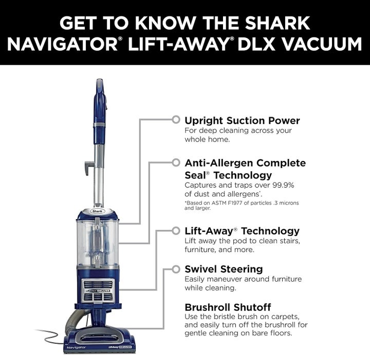 Shark's Navigator upright vacuum is designed to trap 99.9% of allergens and dust with its sealed HEPA filter.